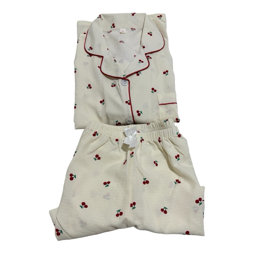 Pajama Set with Red Cherry Pattern and Red Piping W Size XL Cream/Red/Green - Picture 2 of 12